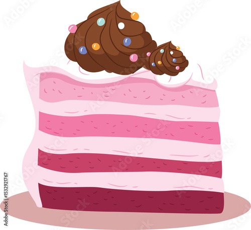 Pink layered cake slice is floating in 2D with chocolate swirls and sprinkles on transparent backgro