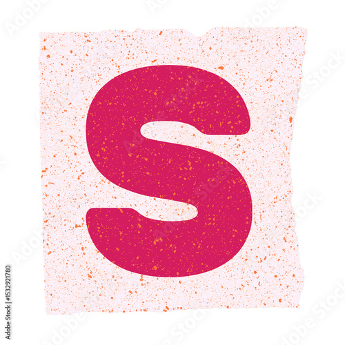 Vector uppercase pink letter S is floating on torn paper with orange dots on transparent canvas