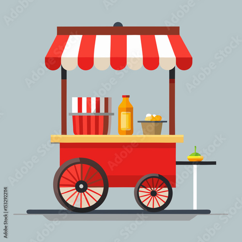 Red and White Striped Food Cart Selling Popcorn and Snacks