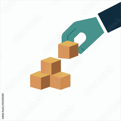 Hand placing a brown cube on top of a stack of three brown cubes