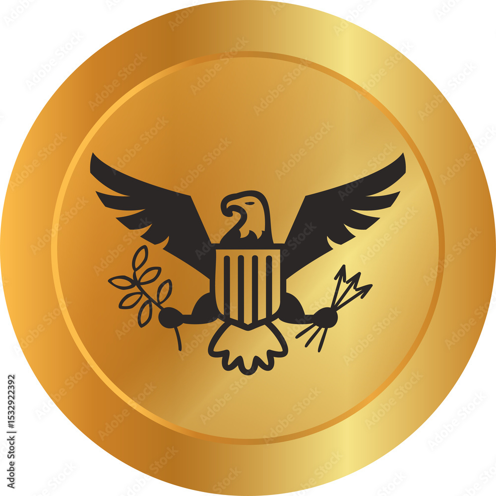 Fototapeta premium Płaska złota moneta przedstawia heraldycznego orła z tarczą i strzałkami w kształcie gałązki oliwnej na przezroczystym tle