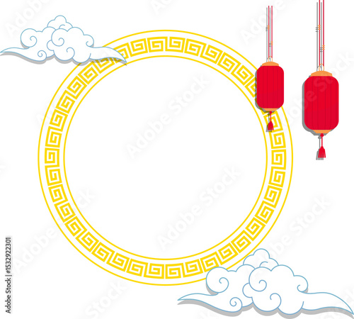 golden Chinese flat style frame is floating on transparent background, lanterns, clouds, copy space