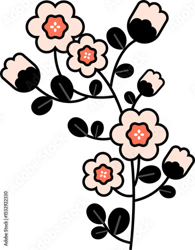 Displaying stylized vector flowers with black stems, oval leaves, pink buds, transparent background