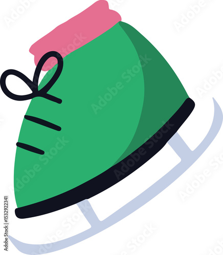 Displaying flat vector green ice skate boot with pink cuff and silver blade, transparent background