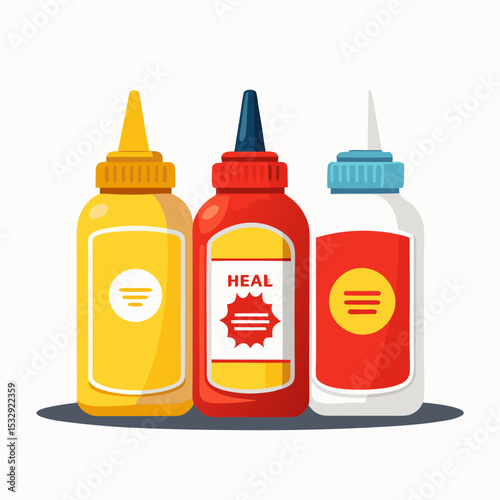 Three Bottles of Condiments Mustard Ketchup Mayonnaise
