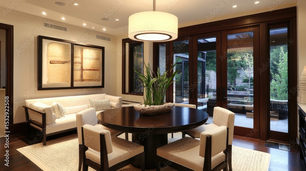Fototapeta premium Modern dining room with elegant decor, natural light, stylish furniture, and indoor plants in a contemporary home setting