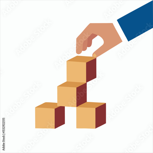 A hand placing a fourth block on top of a stack of three blocks