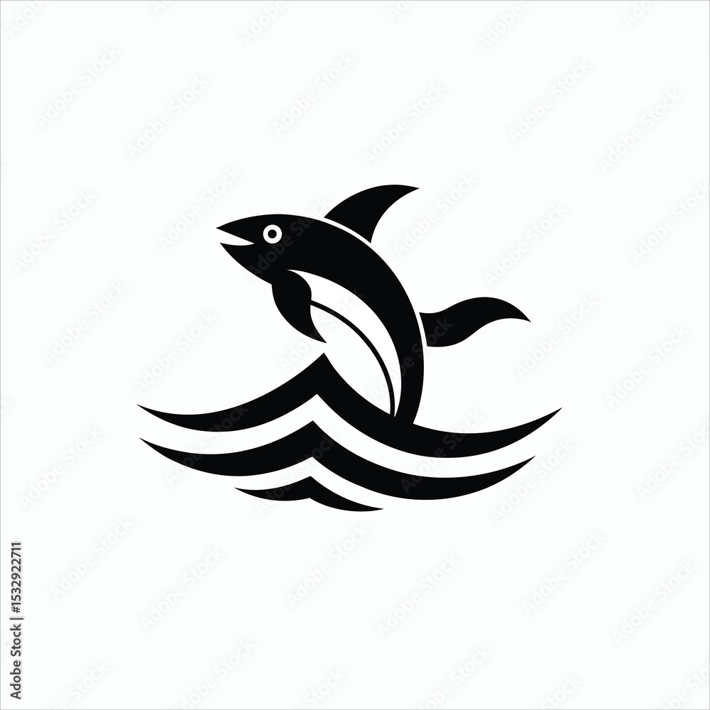 Obraz premium Black silhouette of a dolphin leaping above stylized ocean waves art