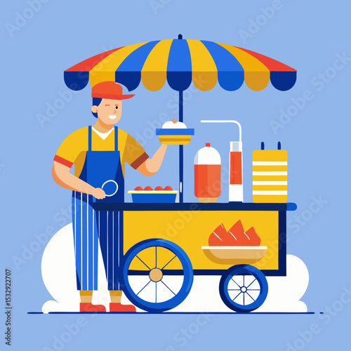 Happy Street Food Vendor Selling Delicious Treats from his Cart