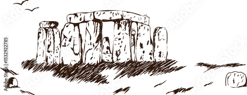 Showing megalithic circle with lintels, grass and birds in sketch style on transparent background