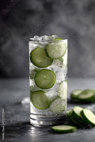 Erfrischendes Gurkenwasser mit Eiswürfeln in stilvollem Glas
