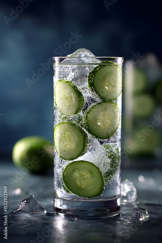 Erfrischendes Gurkenwasser mit Eiswürfeln in stilvollem Glas
