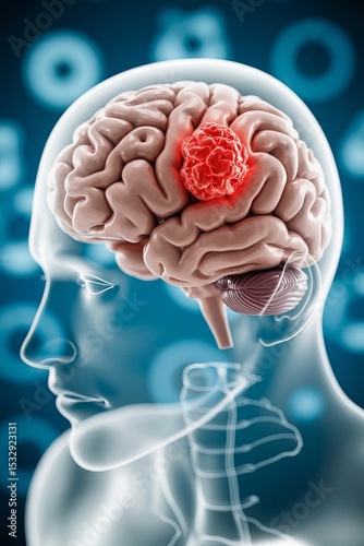 Human brain with tumor highlighted against abstract blue background  