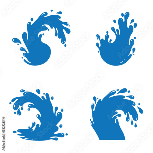 Four stylized blue water wave silhouette illustrations on white background for design
