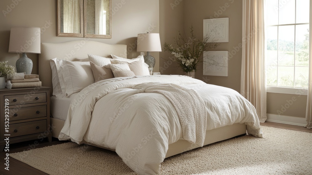 Obraz premium Cozy and Elegant Bedroom Interior with Neutral Tones and Soft Textures Featuring a King Sized Bed and Decorative Accents