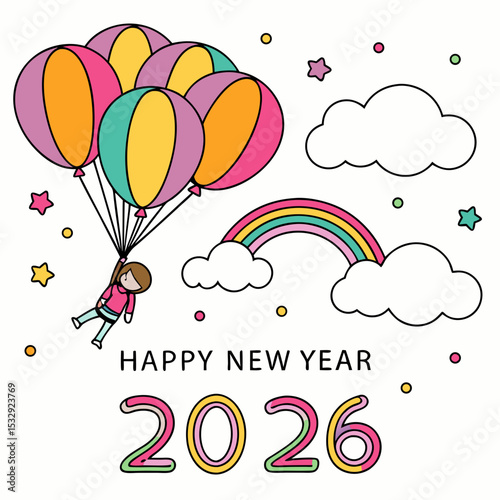 Happy new year 2026 girl hot air balloons rainbow