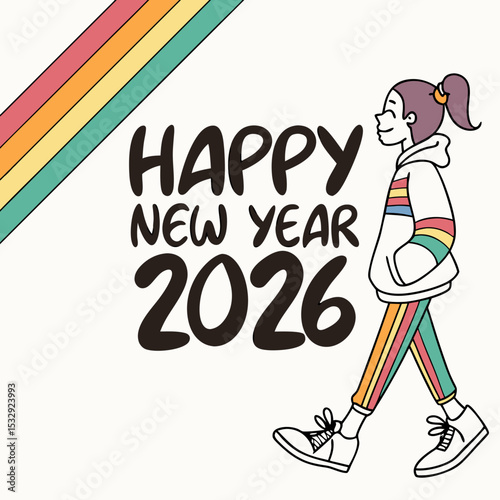 Happy new year 2026 retro girl walking