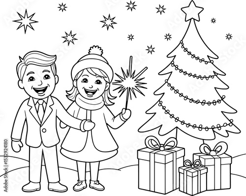 Boy Girl Holding Sparkler Christmas Tree Gifts Winter Snow