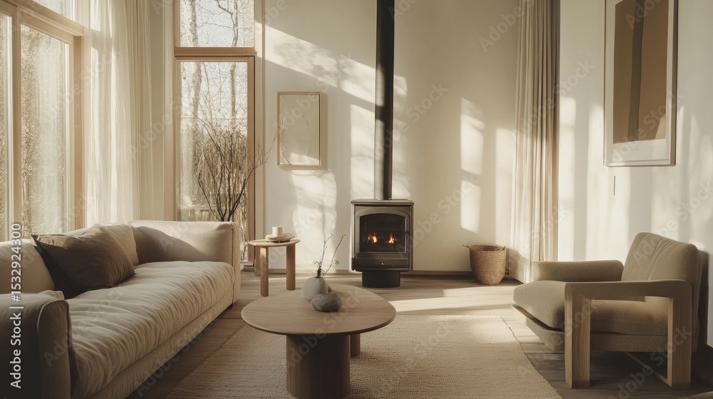 Fototapeta premium Cozy and Bright Modern Living Room with a Wooden Stove, Natural Light, and Minimalist Furniture for Relaxation and Comfort