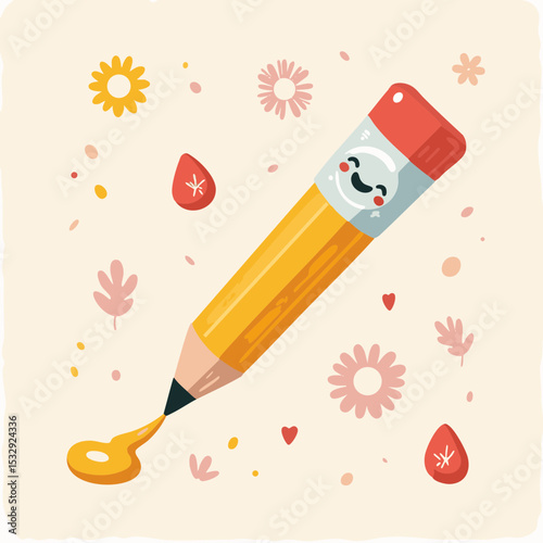Cute smiling pencil illustration with floral background