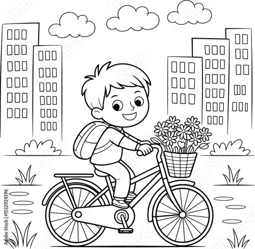 Boy Riding Bicycle with Flower Basket Cityscape Background