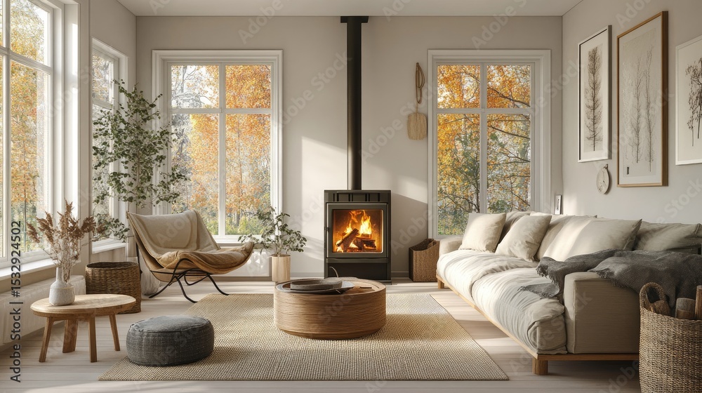 Fototapeta premium Cozy modern living room interior with warm fireplace surrounded by autumn scenery and stylish furniture