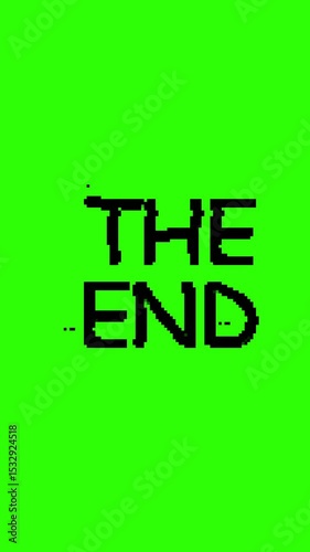 Vertical video of The End animation retro old school pixelated style, the end word, animation for ending video isolated on green background	