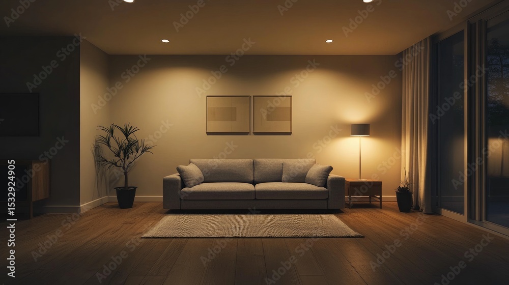 Fototapeta premium Modern Cozy Living Room with Soft Lighting and Stylish Furnishings in a Contemporary Setting