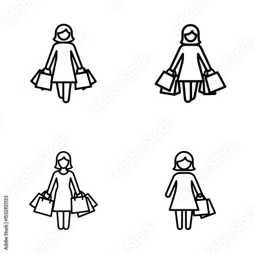 Set of 4 Variations of Front View Woman Carrying Shopping Bags Icon