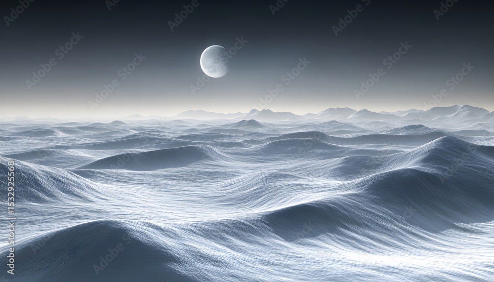 Fototapeta premium Frozen alien landscape at night with a crescent moon.