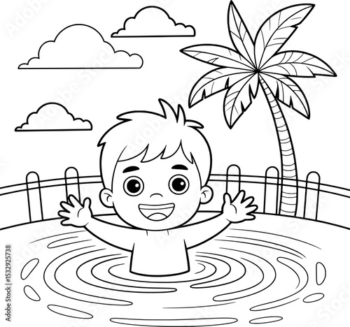 Happy Boy Playing in Water Near Palm Tree Coloring Page