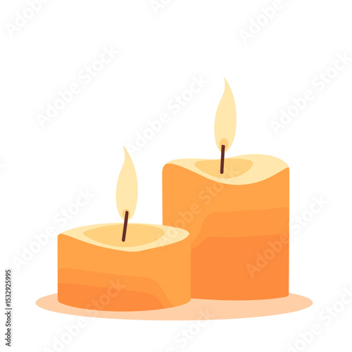Pair of orange candles with flames on white background, minimalistic design