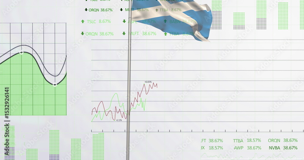 Naklejka premium Showing financial charts on screen, with Argentine flag on silver flagpole and green and red trends
