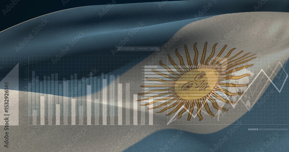 Naklejka premium Argentine flag waving in digital display, with bar chart, line graph, grid overlay, numeric display