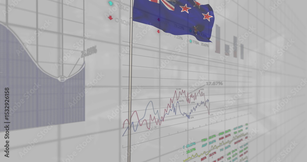 Naklejka premium Displaying New Zealand flag standing on slim pole in analytics dashboard with line and bar charts