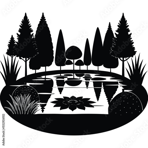 pond landscape with evergreen and lilies