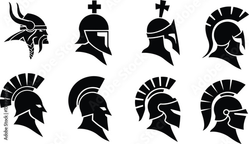 Medieval helmets, Ancient Warrior Helmet Vector Set,  Spartan, Viking, Gladiator Silhouettes,  isolated on illustration