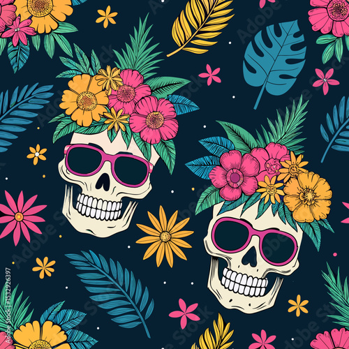 Colorful vector seamless pattern of skull with flowers and leaves on dark background, for print, stickers, packaging, shoppers, for interior solutions, events