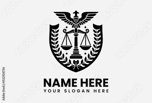 Detailed black and white legal emblem featuring a balance scale on a shield, flanked by olive branches and topped with an eagle. Law firm concept