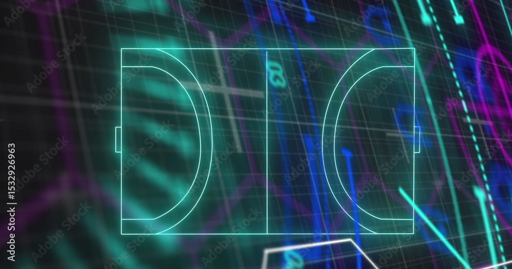 Fototapeta premium Displaying neon turquoise basketball half court outline on interface, with gridlines and charts