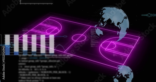 Floating neon purple 3D basketball court wireframe in UI, with scrolling code, bars, globe and axes