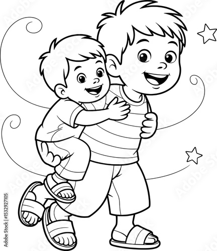 Two Boys Playing Piggyback Happy Cartoon Line Art Illustration