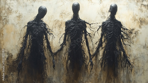 Three dark figures, intertwined, on textured wall, ominous atmosphere