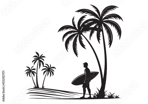 Sunset silhouette of a man walking on a tropical beach with palm trees and the ocean