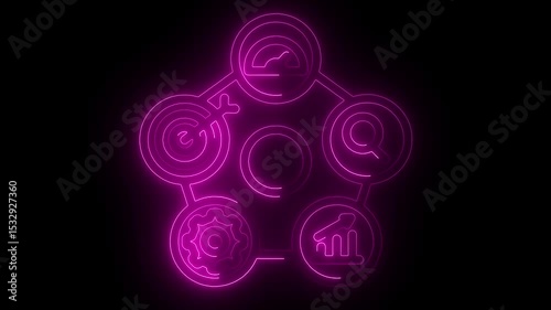 Neon Work flow Icon – Glowing Symbols for Business Process & Automation on the black background. 4k video animated.