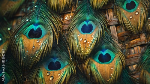 Close-up of vibrant peacock feathers displaying iridescent colors and intricate patterns.
