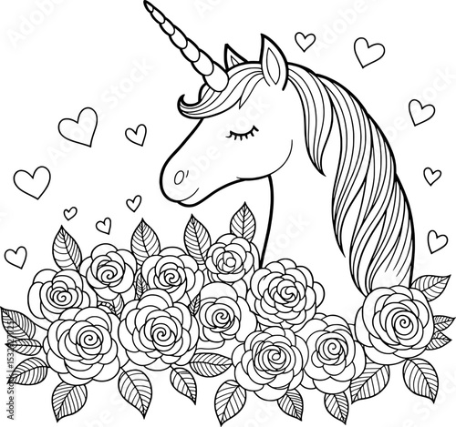 Unicorn Head Roses Flowers Coloring Page Black White Line Art