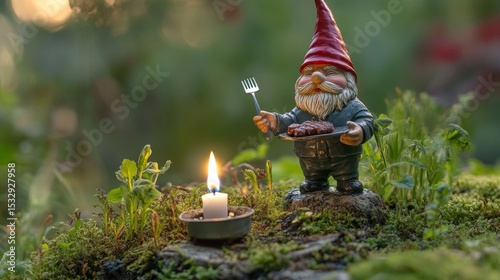 Garden gnome with spoon and candle on mossy ground in blurred green background.
