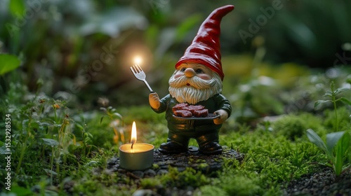 Garden gnome figure with a candle in a mossy outdoor setting.