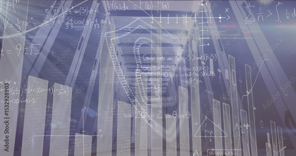 Obraz premium Receding long corridor inside facility, with vertical columns, beams and math overlays